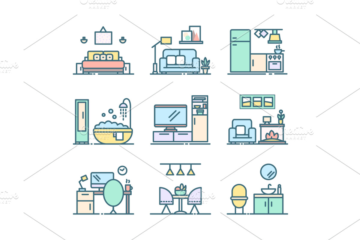 Set of line interior design icons, an Outline Icon by Asya Malysheva