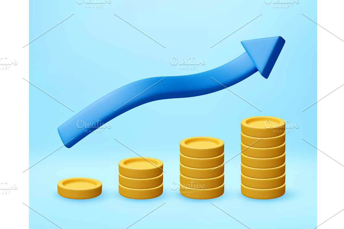 3D Blue arrow over stacks of gold, a Finance Illustration by Abscent