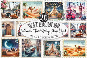 Watercolor Travel Postage Stamp PNG, an Illustration by Designking