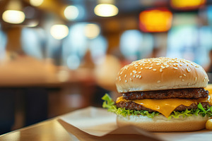 Burger with baked potatoes on blurred fast food restaurant backg, a Food & Drink Photo by AlyaAnd