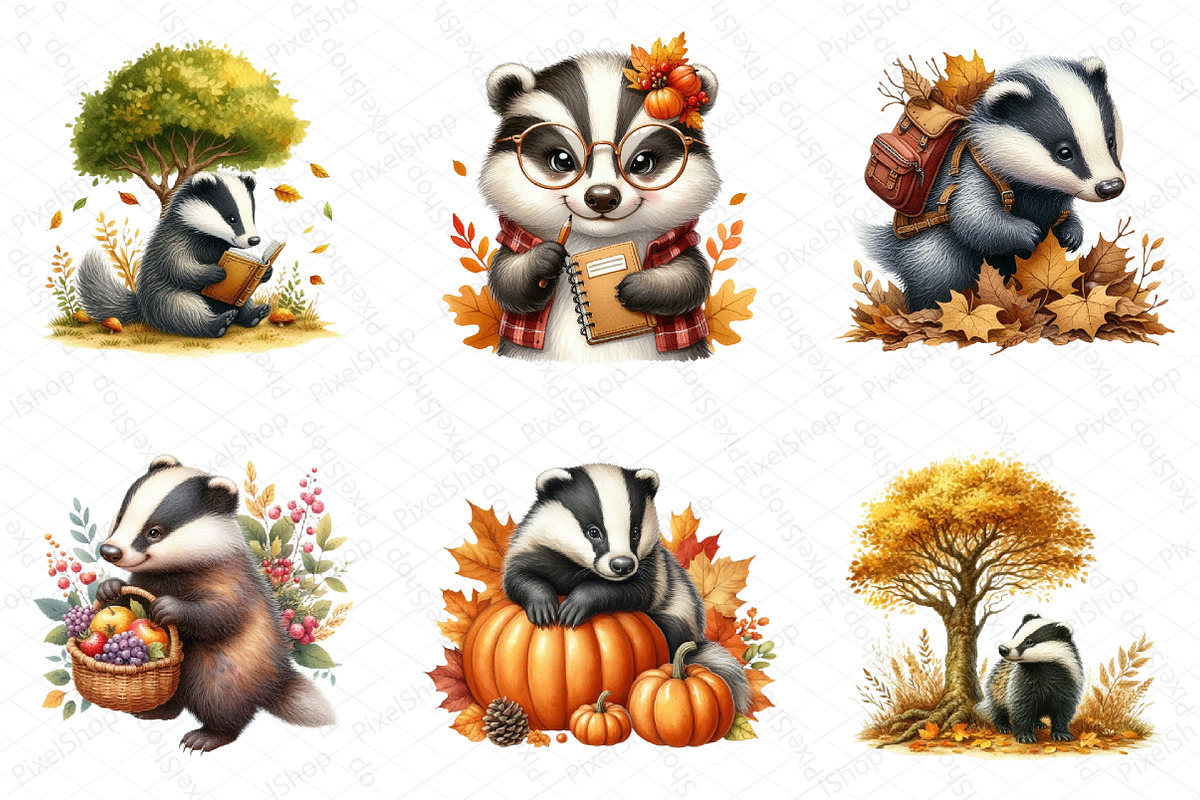 Watercolor Autumn Badger Clipart, an Illustration by DreamPrint404 (Photo 2 of 6)