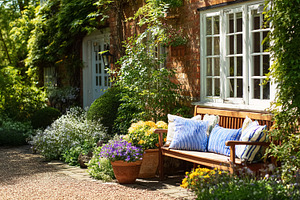 English cottage presenting a beautiful garden with a wooden benc, a Photo by Studio ANNA