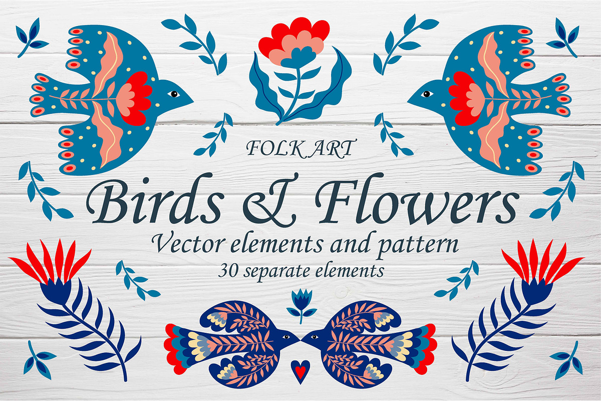Folk Art Birds and Flowers., an Animal Illustration by Kira Konoshenko (Photo 1 of 9)