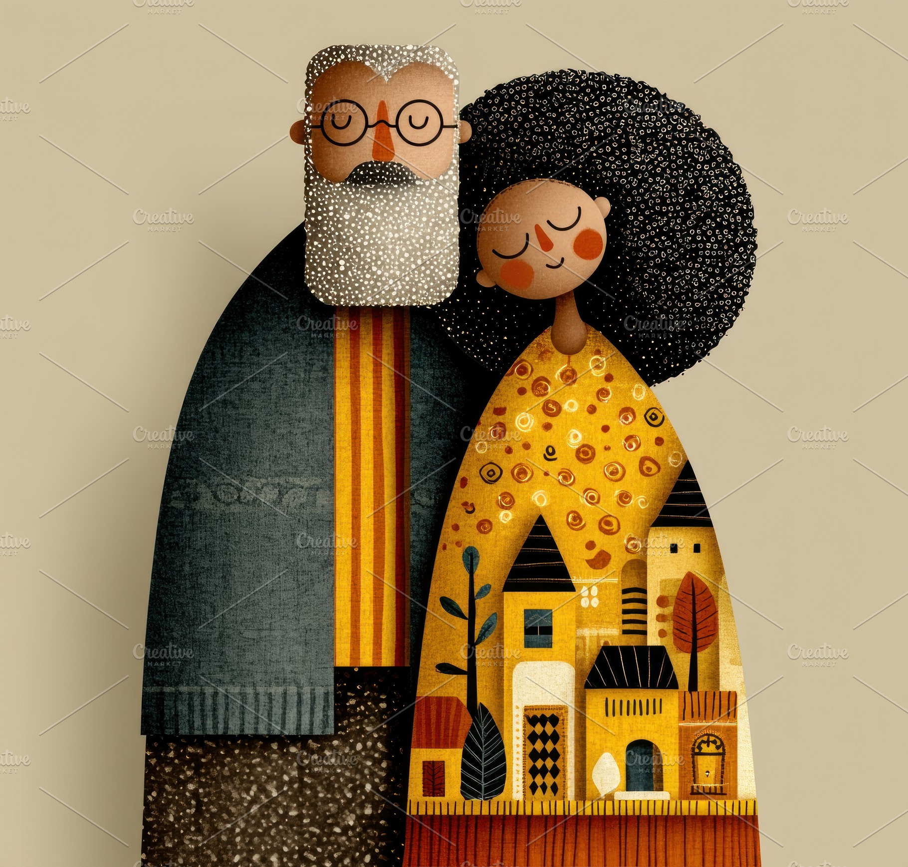Whimsical Folk Illustration of Elderly Couple with Cozy Village, a Food & Drink Photo by José Manuel Gelpi