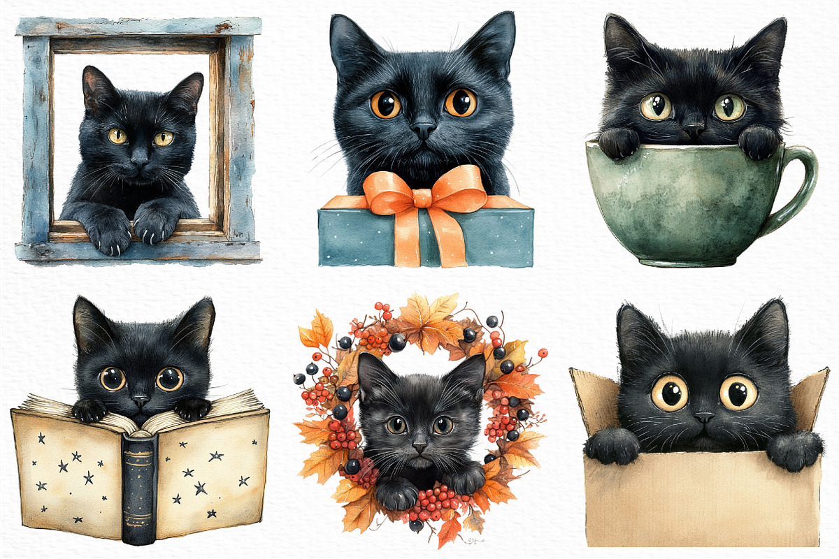 Watercolor Peeking Black Cat Clipart, an Illustration by Craft Nest (Photo 5 of 6)
