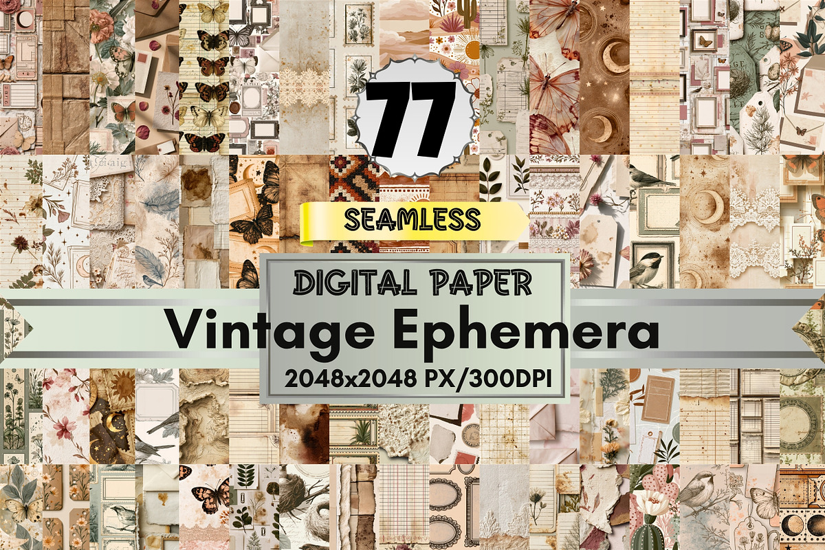 77 Vintage Ephemera Digital Paper, a Pattern Graphic by LA Design (Photo 1 of 10)