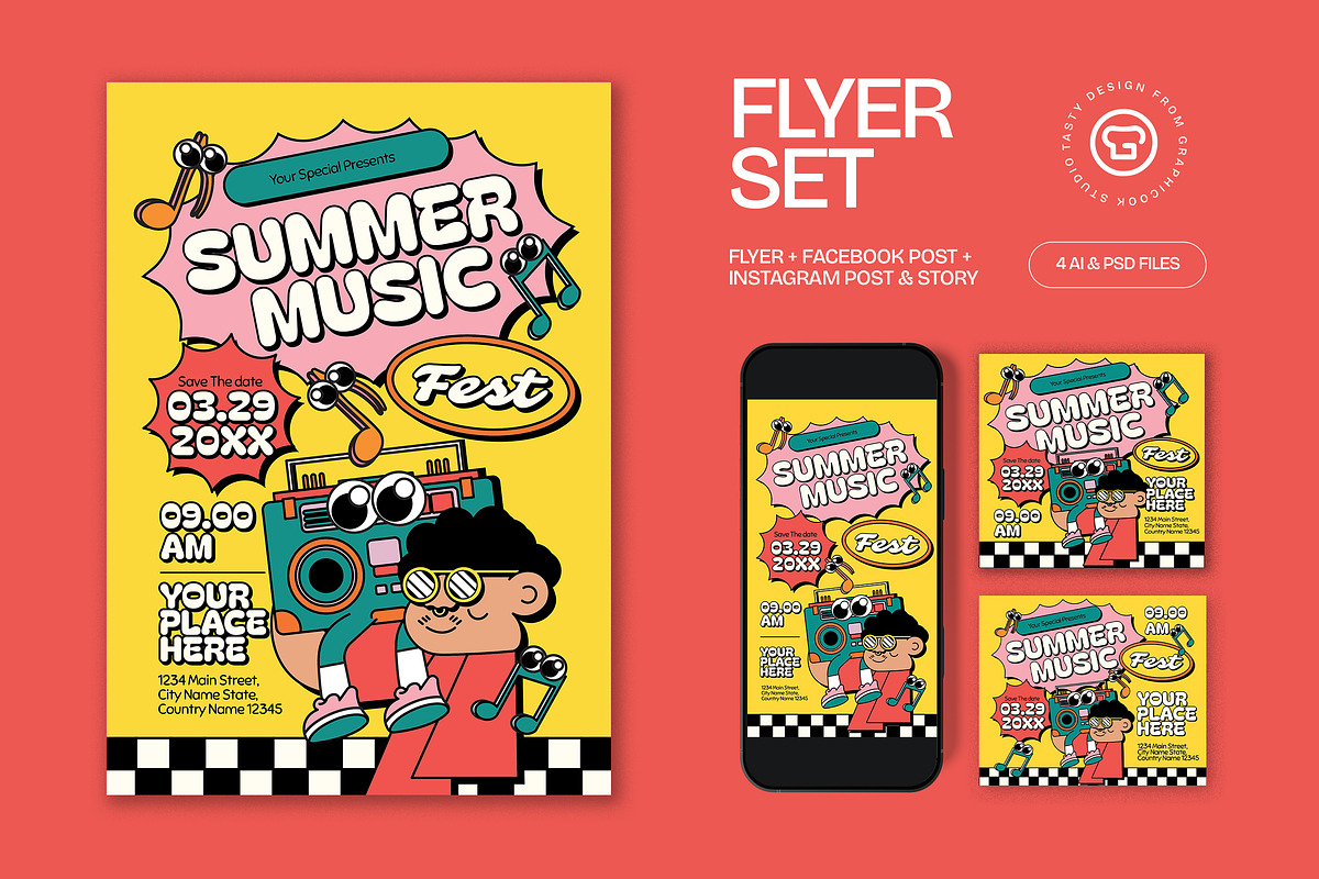 Yellow Summer Music Fest Flyer Set, a Flyer Template by graphicook (Photo 1 of 3)