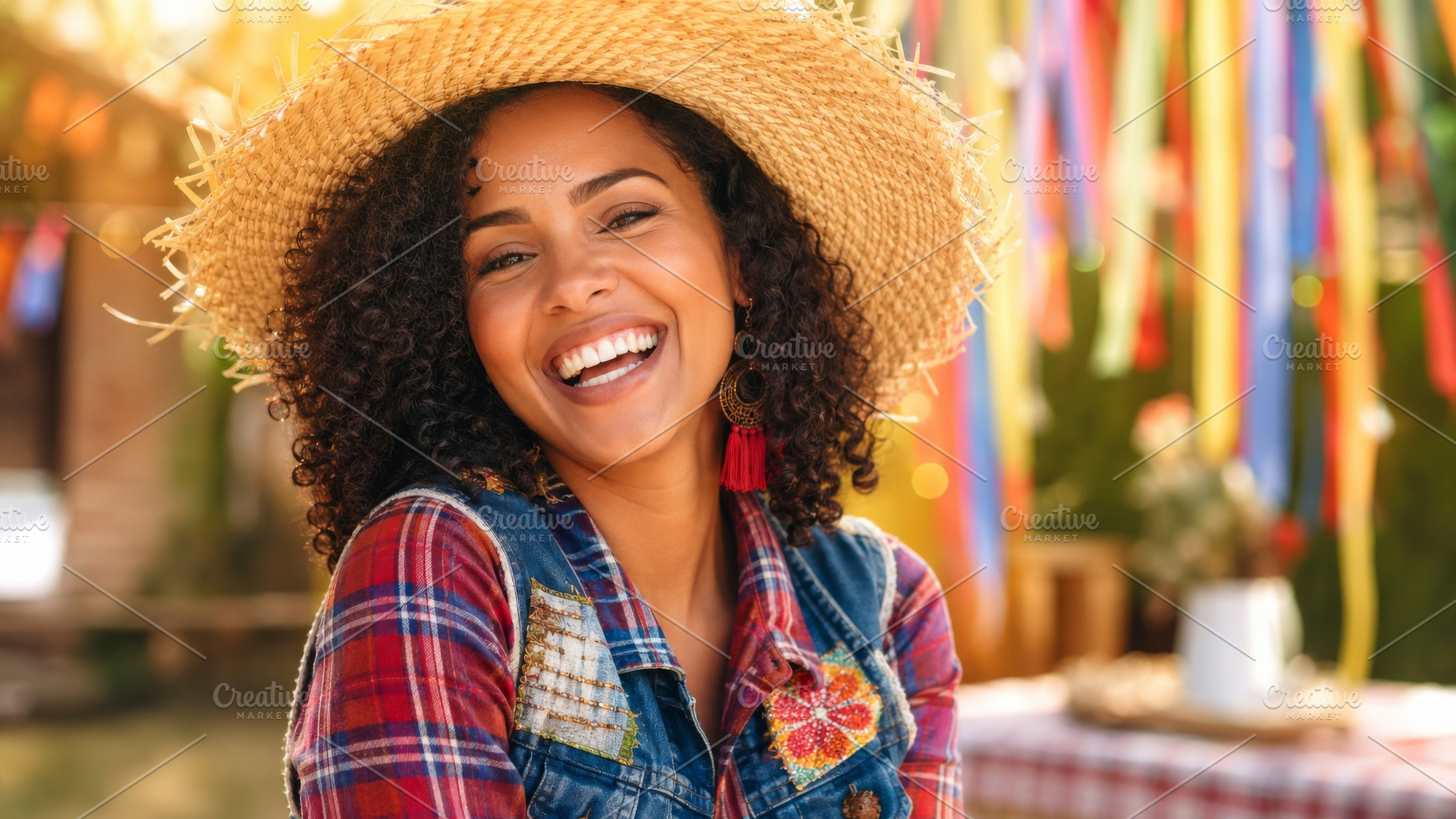 Smiling woman at festa junina brasil, a Photo by Dvoevnore photos