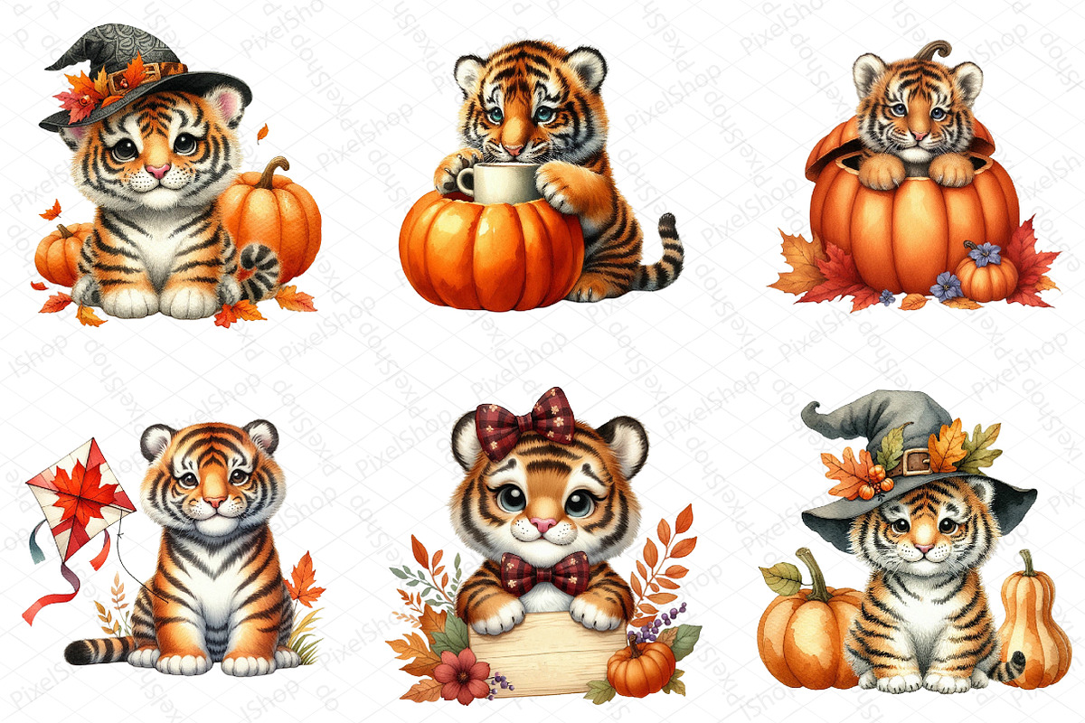 Watercolor Autumn Tiger Clipart Bund, an Illustration by DreamPrint404 (Photo 3 of 6)