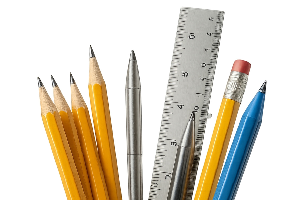 School supplies in pencil holder wit, an Illustration by Dvoevnore photos
