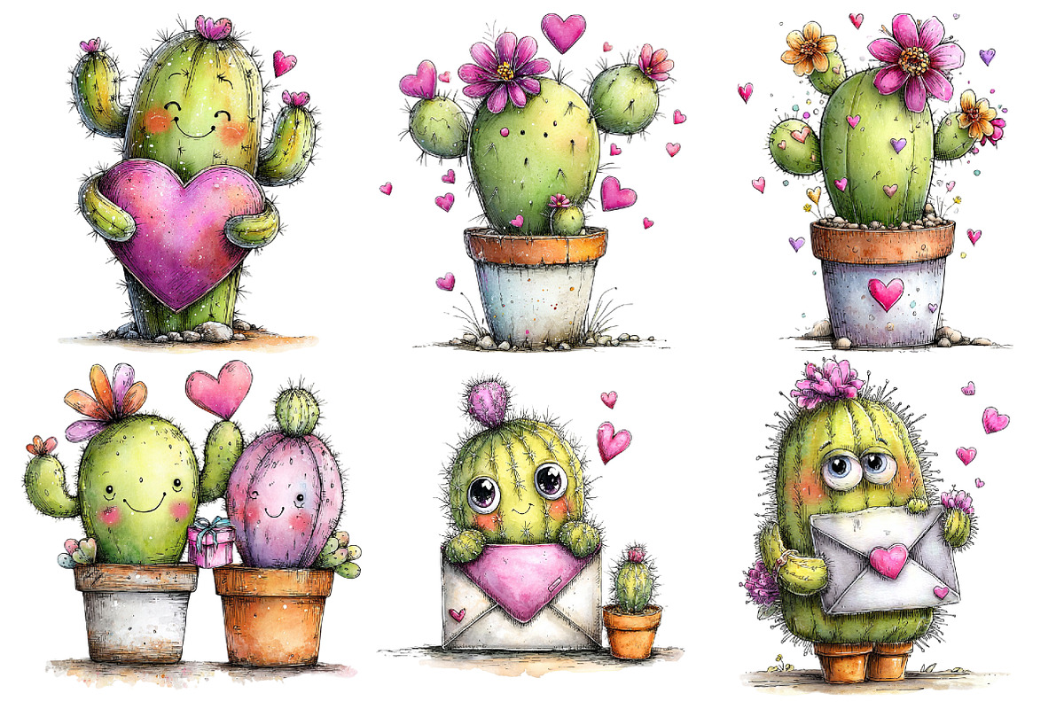 Whimsical Cactus Valentine's Day, an Illustration by Pixels.Craft (Photo 2 of 5)