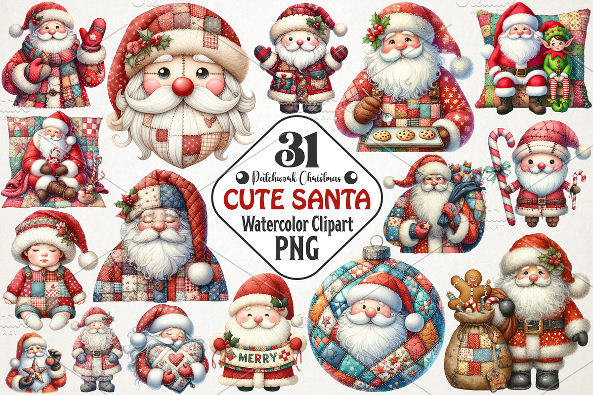 Patchwork Christmas Cute Santa Png, an Illustration by RobertsArt (Photo 1 of 7)