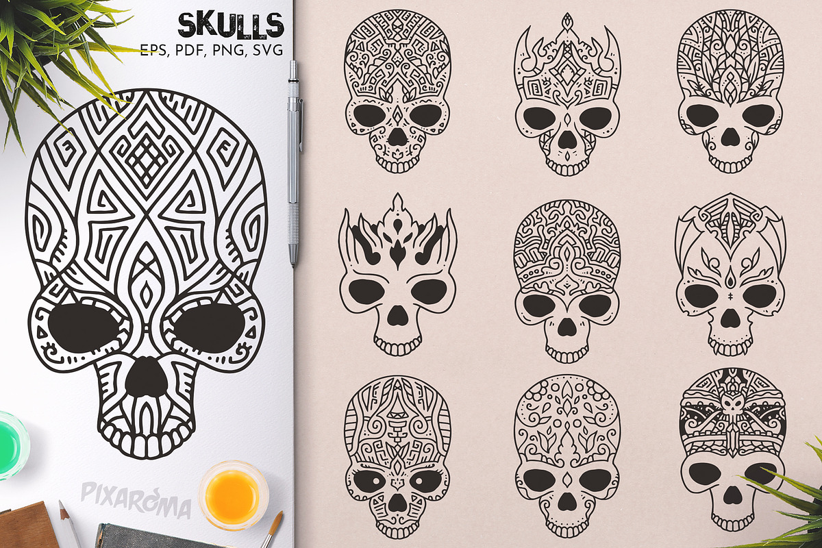 100 Decorative Vector Skulls, a Decorative Illustration by pixaroma (Photo 22 of 37)