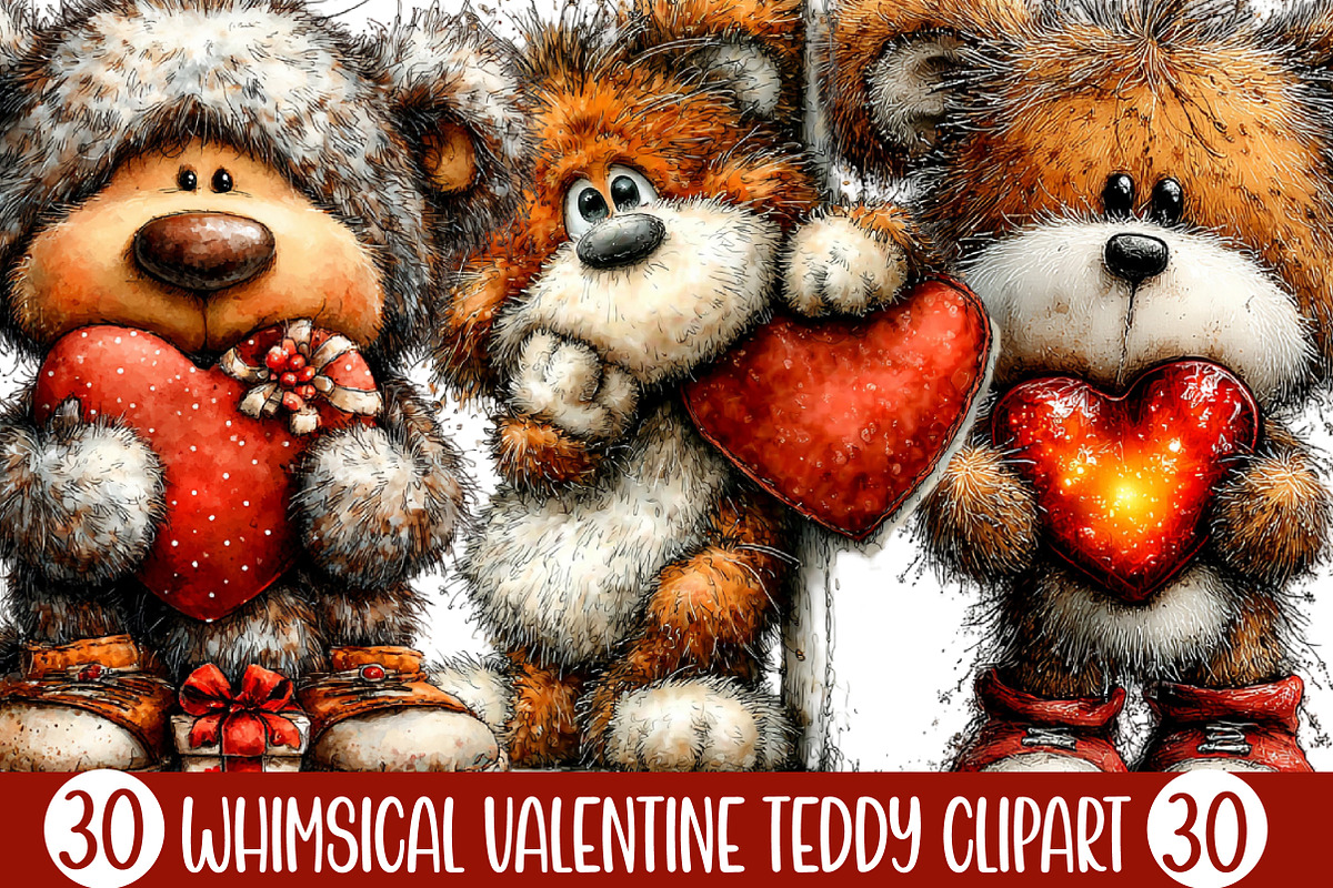 Whimsical Valentine Teddy Clipart, an Illustration by Designking (Photo 1 of 5)
