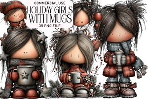 Holiday Girls with Mugs Clipart, an Illustration by Daily.Designs