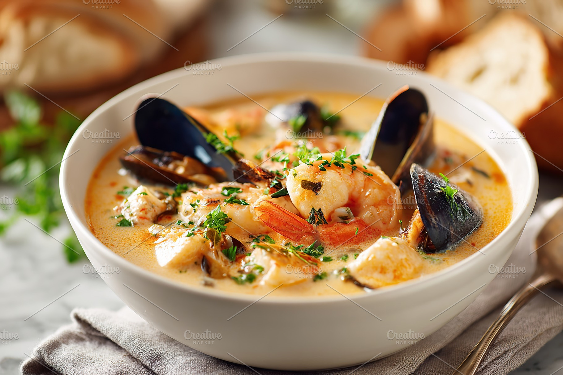 Delicious seafood chowder with shrimp and mussels, a Food & Drink Photo by AlyaAnd