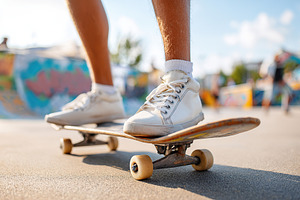 Practicing tricks on a skateboard at a sunny skatepark with colorful murals in, a Photo by AlyaAnd