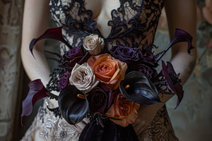 Bride in an intricate lace gown holding a bouquet of black and o, a Holiday Photo by Mashimara