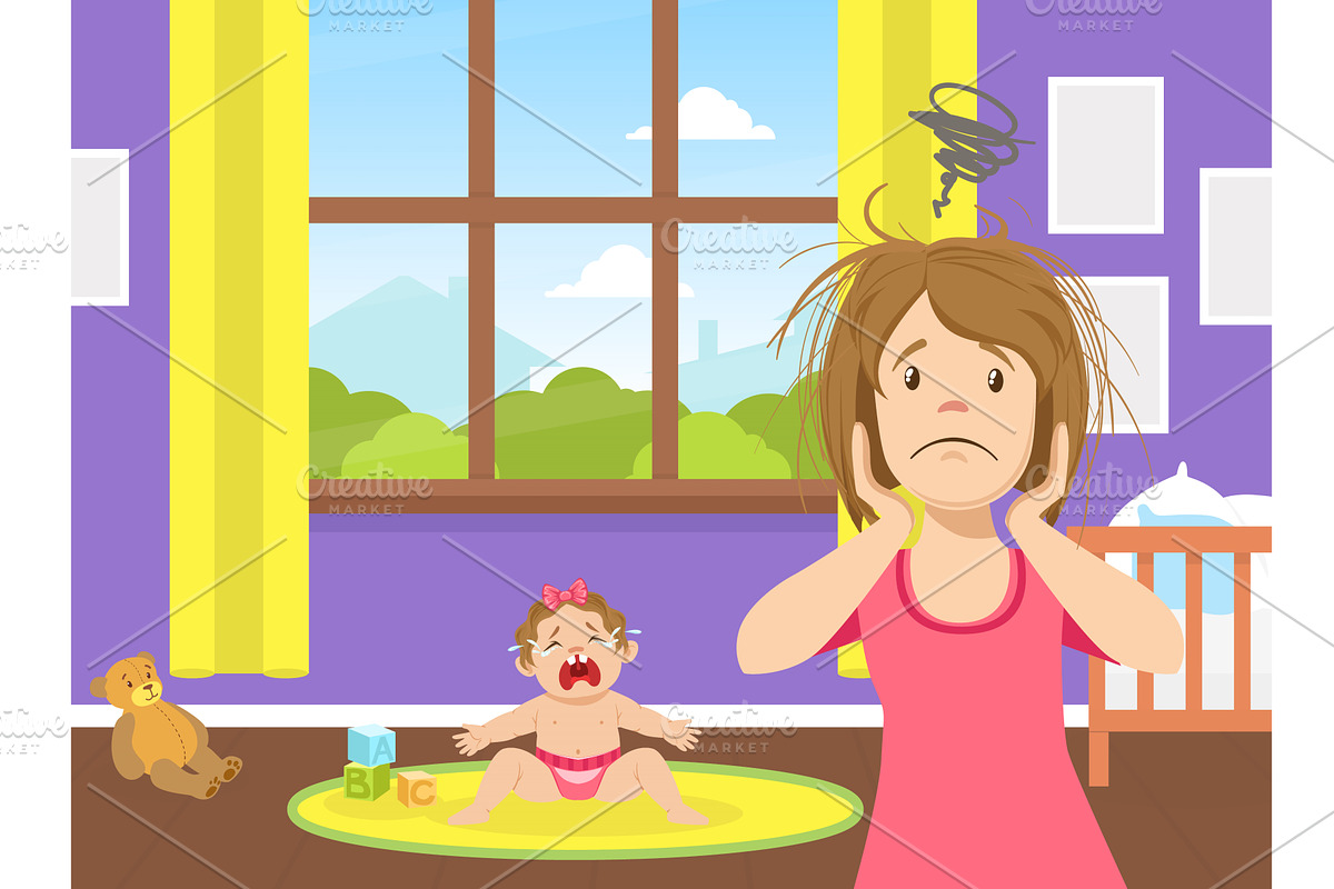 Tired Stressed Young Mom Standing, a Person Illustration by TopVectors