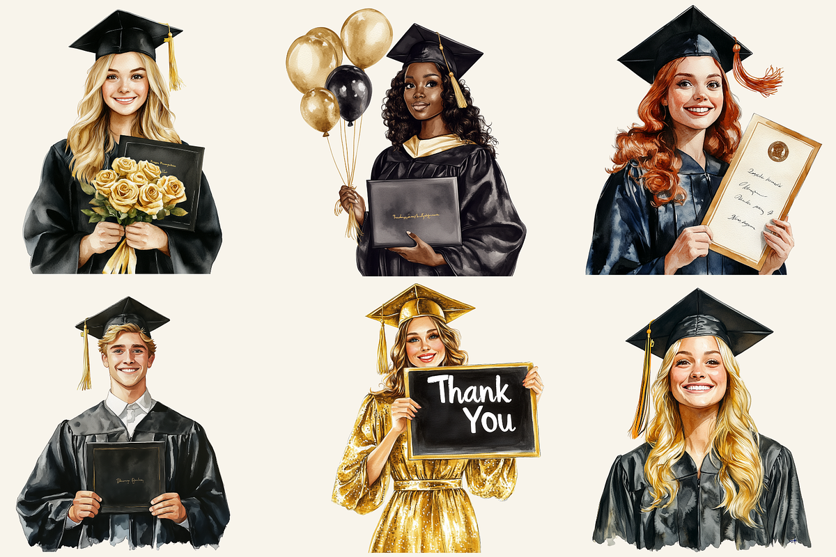 Black & Gold Graduation Day Clipart, an Illustration by NadiaTheronArt (Photo 3 of 5)