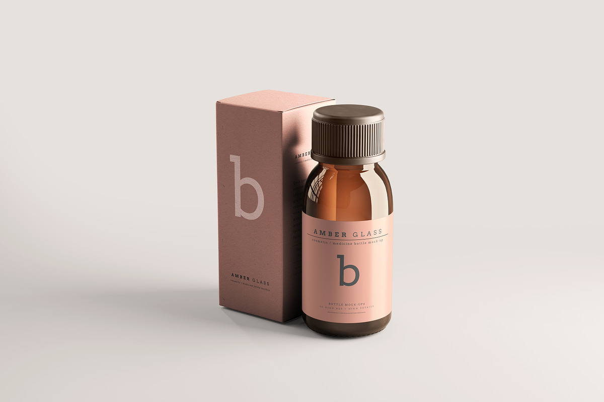 Amber Glass Bottle Mockups, a Cups & Container Mockup by pmvch (Photo 1 of 20)