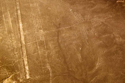 Aerial airplane panoramic view to Nazca geoglyph lines aka Hummingbird, Ica, Pe, an Architecture Photo by Wild, Wild World