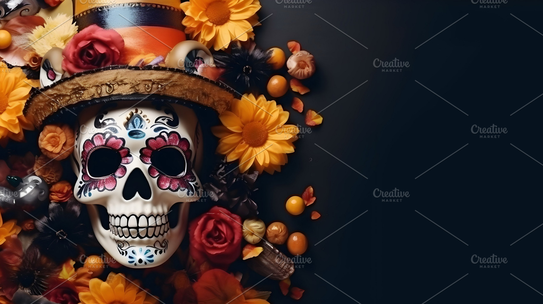 Halloween dark spooky scary background with autumn orange flower, a Holiday Photo by Mashimara