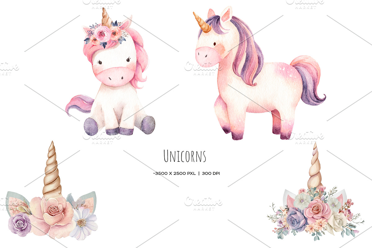 Watercolor cute unicorn clipart, an Object Illustration by Art and Funny (Photo 2 of 7)