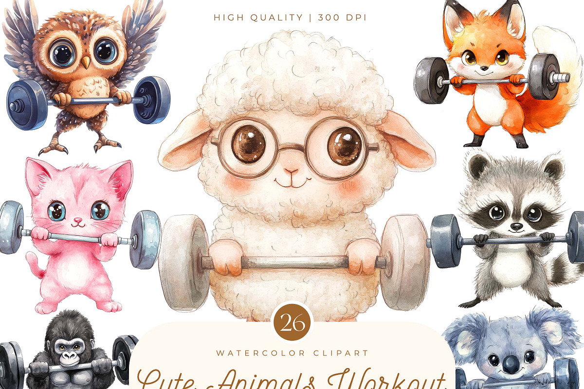 Watercolor Cute Animals Workout, an Animal Illustration by SparkyDesignsUS (Photo 1 of 9)