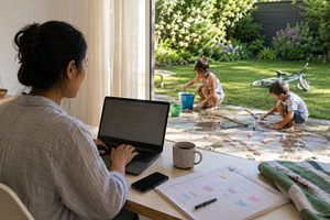 Mother works remotely while children, a Photo by Dvoevnore photos