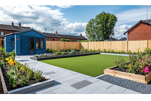 Back garden with artificial grass, a Photo by Pavel_design