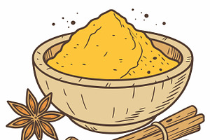 Wooden bowl filled vibrant turmeric, a Food Illustration by SouravDesign