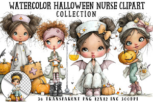 Watercolor Halloween Nurse Clipart, a Seasonal Illustration by OK Design