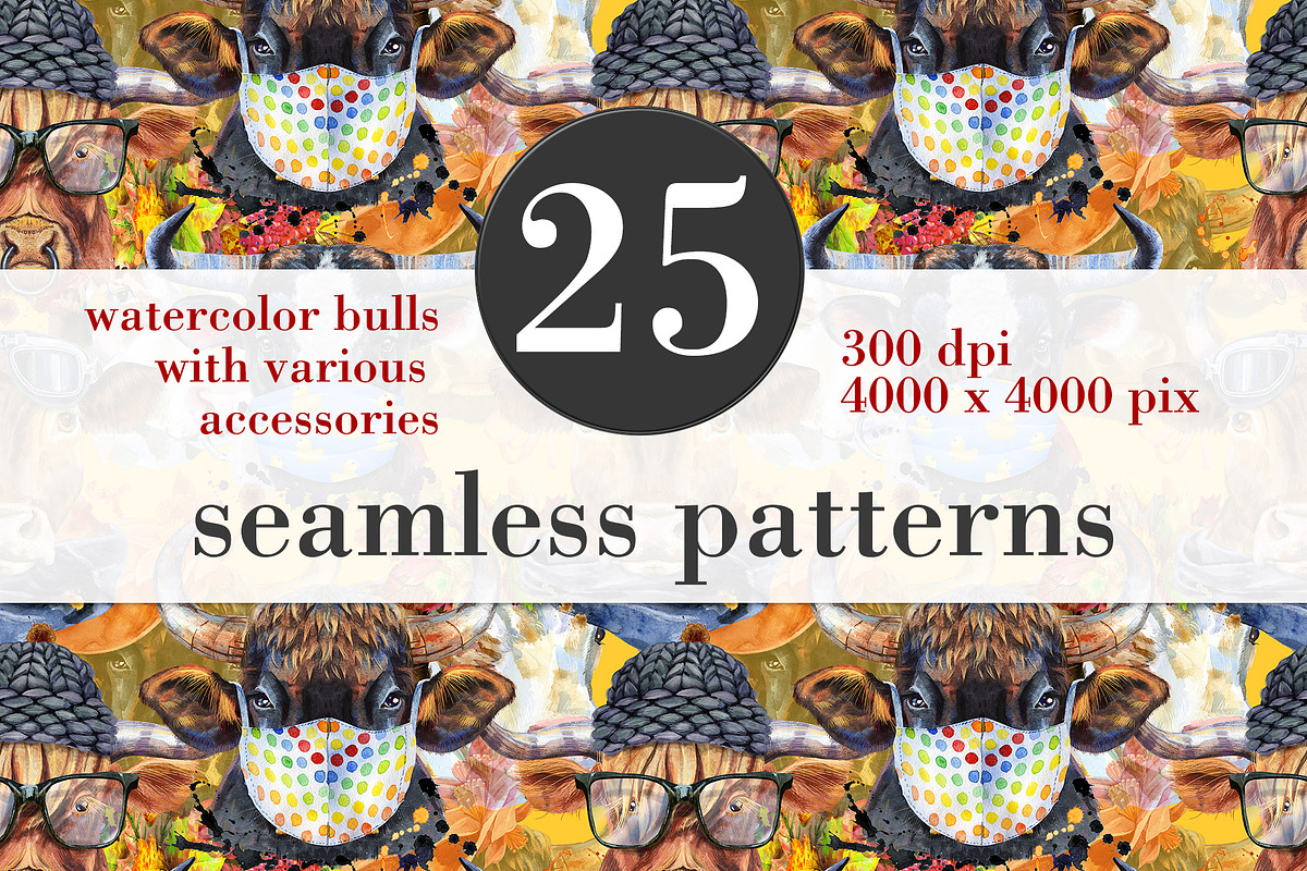 Seamless pattern of watercolor bulls, an Animal Illustration by Watercolor fantasy (Photo 1 of 6)