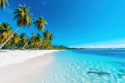 Illustrative of tropical beach with ocean, blue sky, green palm trees and white, a Nature Photo by AlyaAnd