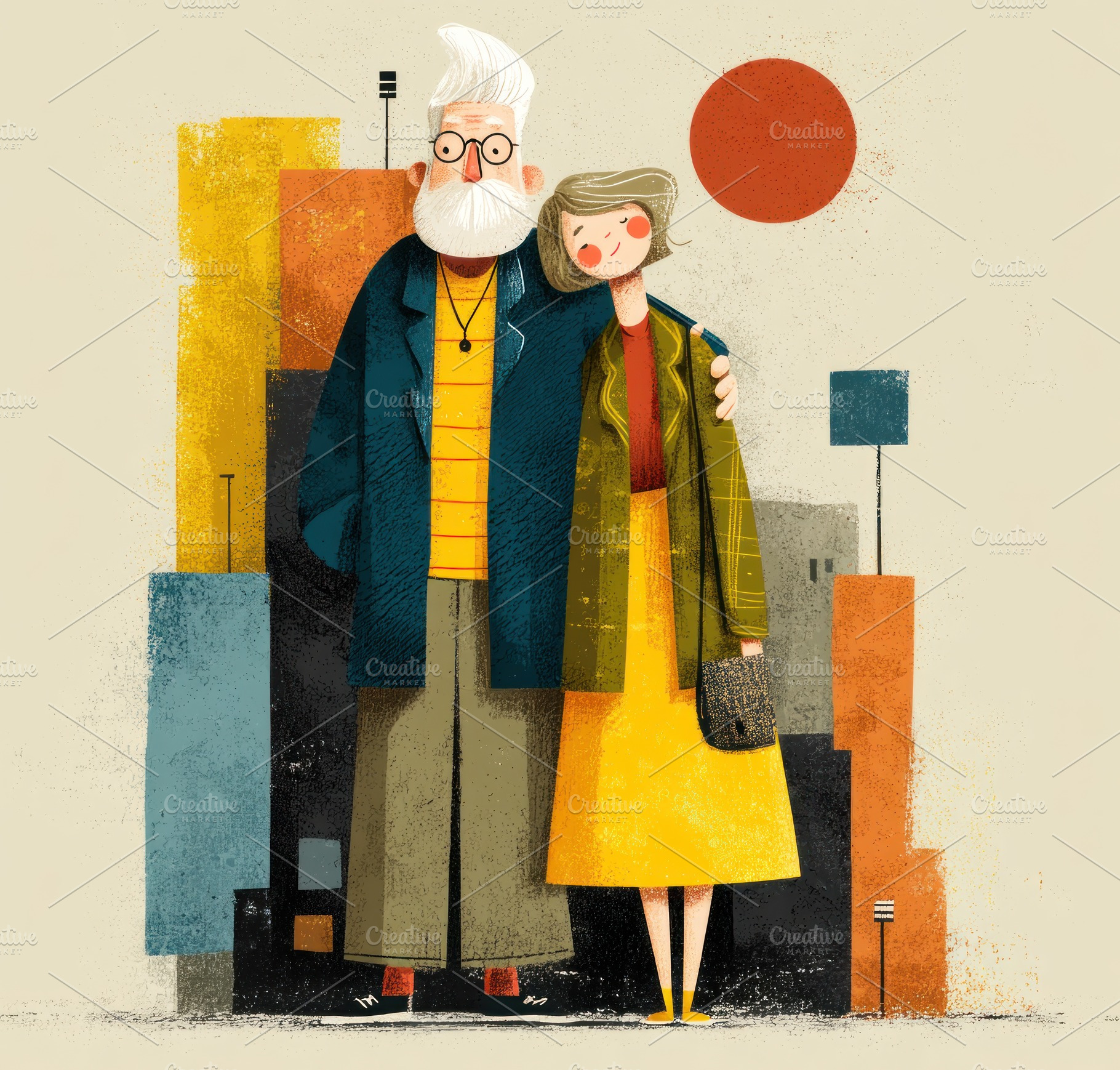 Stylized Illustration of Elderly Couple Embracing in Urban Citys, a Food & Drink Photo by José Manuel Gelpi