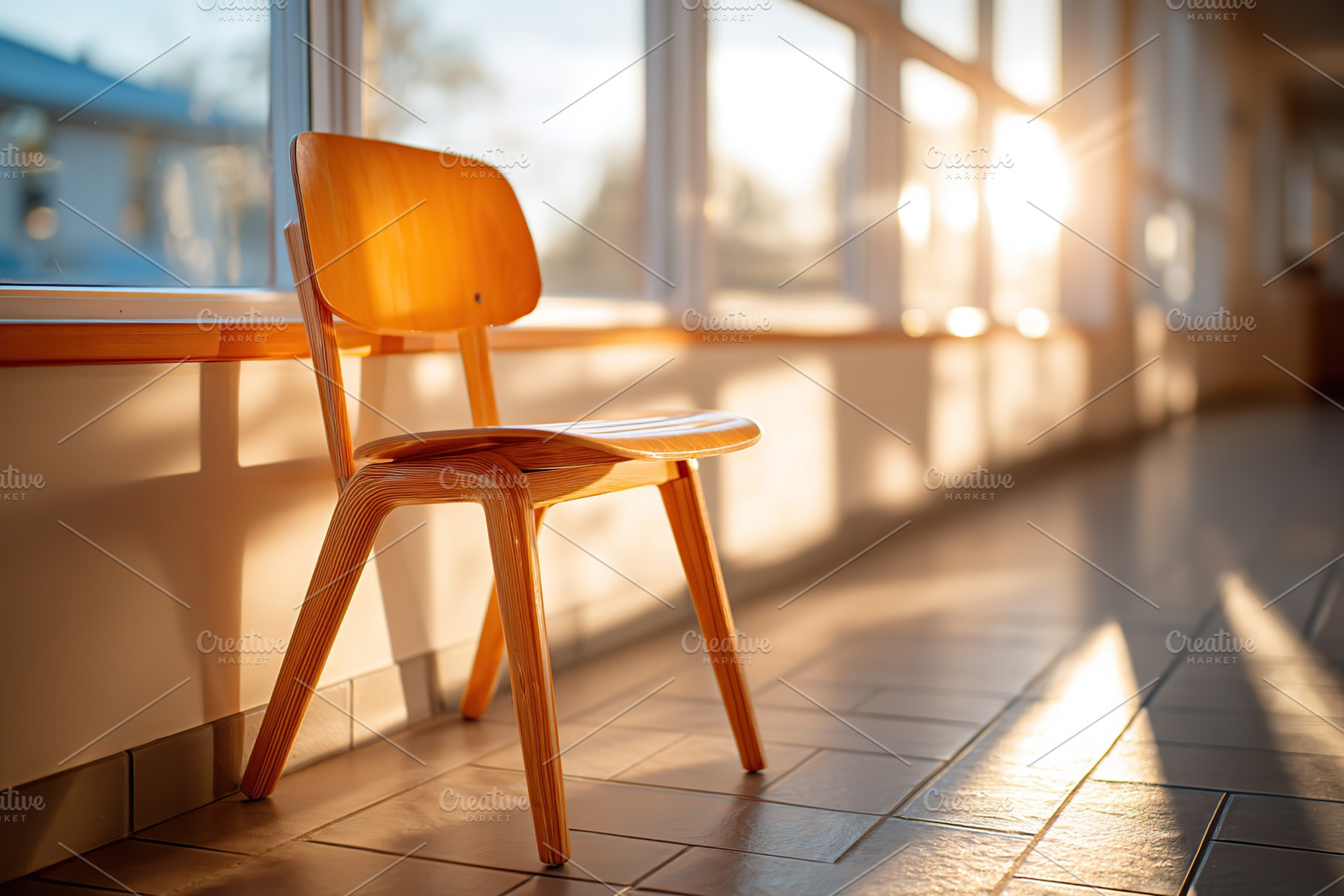 Sunlight casts warm glow on a wooden chair by the window in a serene indoor set, a Photo by AlyaAnd