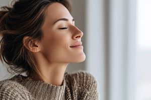 Young woman with closed eyes smiles, a Person Photo by MistyDay