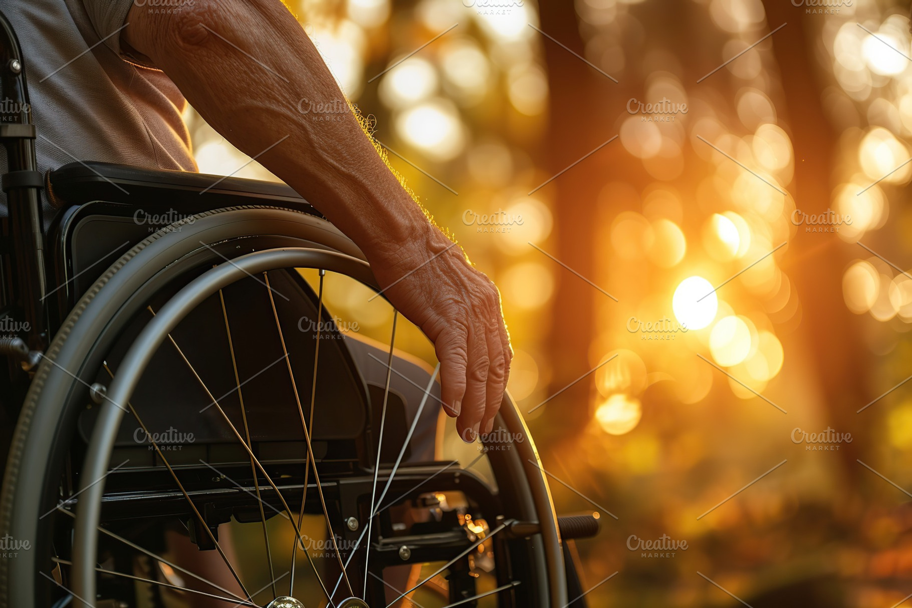 Male hand on wheelchair in the park with sunlights, a Photo by AlyaAnd