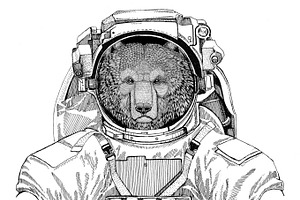 Brown Bear Russian Bear Wearing Space Suit Wild Animal Astronaut Spaceman Galaxy Exploration Hand Drawn Illustration For T-shirt