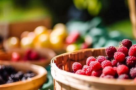 Raspberries in a basket at the countryside farmers market. Gener, a Food & Drink Photo by Anneleven