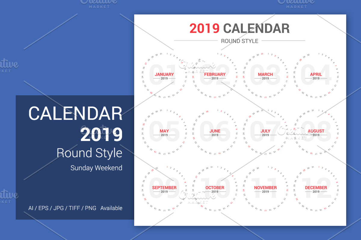 Calendar 2019 Round Style, a Stationery Template by WORAKAMON Design Studio (Photo 2 of 4)