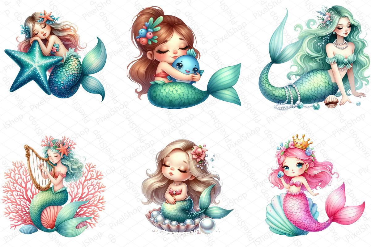 Cute Mermaid Watercolor Clipart, an Illustration by DreamPrint404 (Photo 2 of 4)