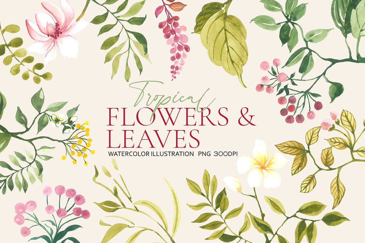 Tropical flowers watercolor clipart, a Decorative Illustration by Artberriez (Photo 1 of 3)