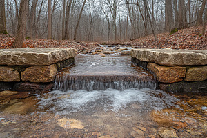 Autumn landscape with water stream in the forest, a Photo by AlyaAnd
