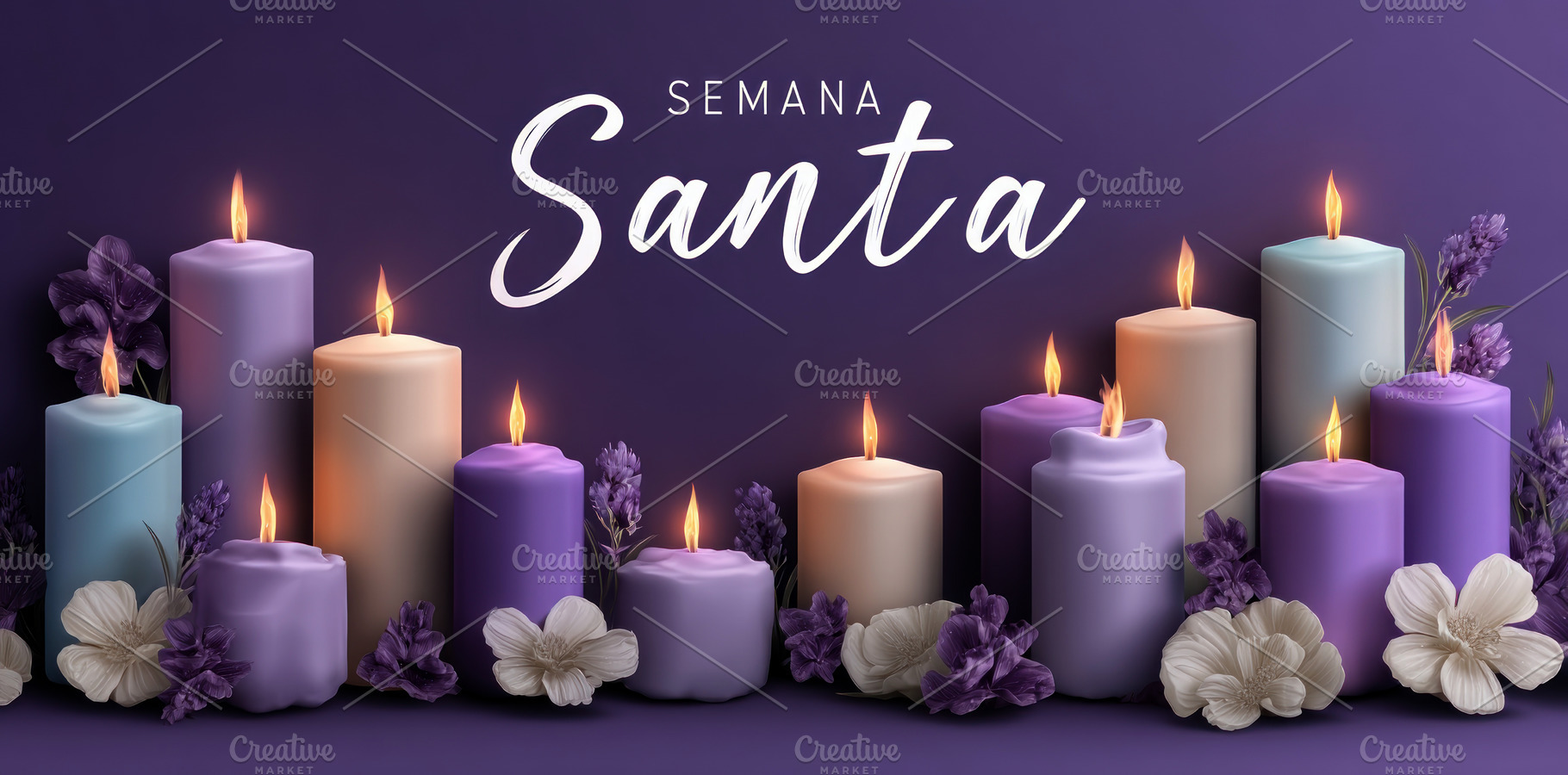 Semana Santa candles with soft purple tones and flowers on dark, a Holiday Photo by José Manuel Gelpi