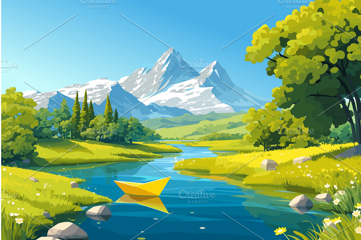 Cartoon paper boat on a stream in, an Illustration by LadadikArt