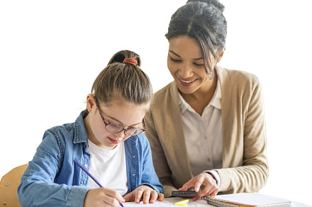 Young teacher with down syndrome girl isolated photo