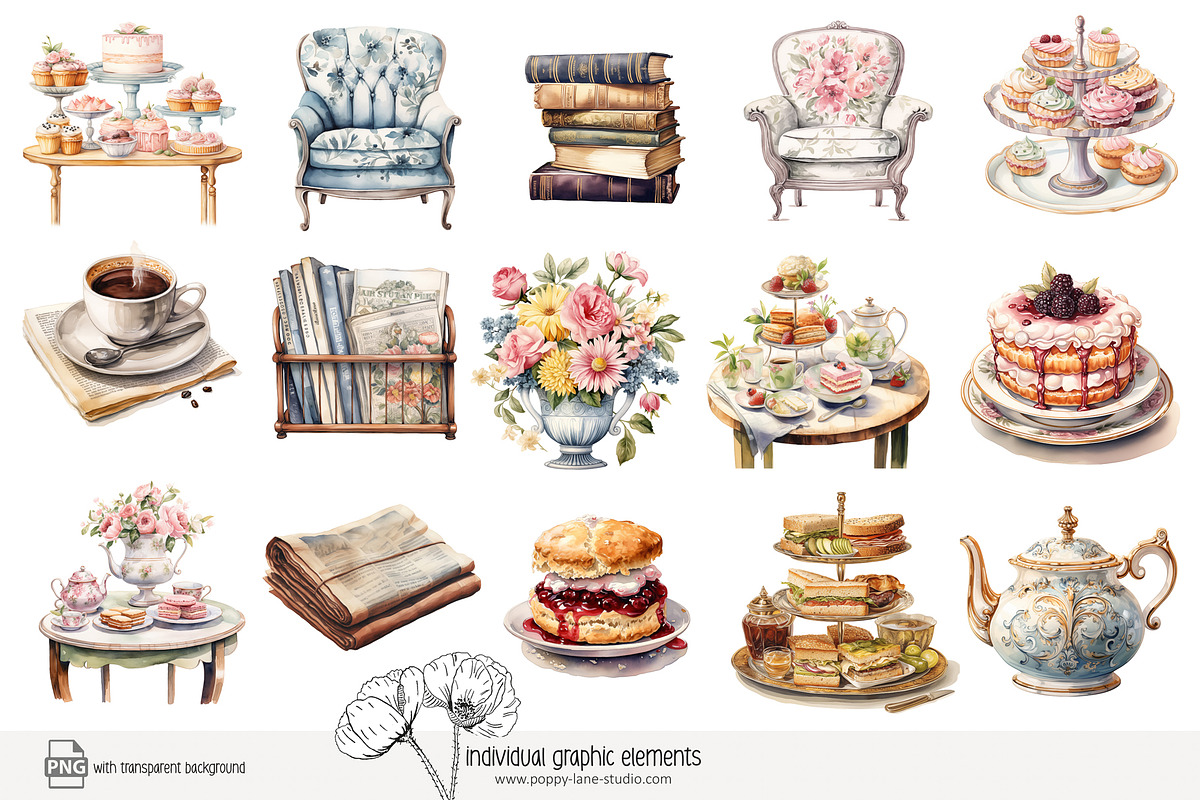 100 afternoon tea clip art, a Food Illustration by Poppy Lane Studio (Photo 7 of 13)