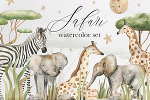 Safari Animals watercolor set, an Animal Illustration by Pattern + watercolor